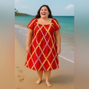 Vintage Royal Hawaiian Creations Puff Sleeves Red Floral Dress Size 4XL